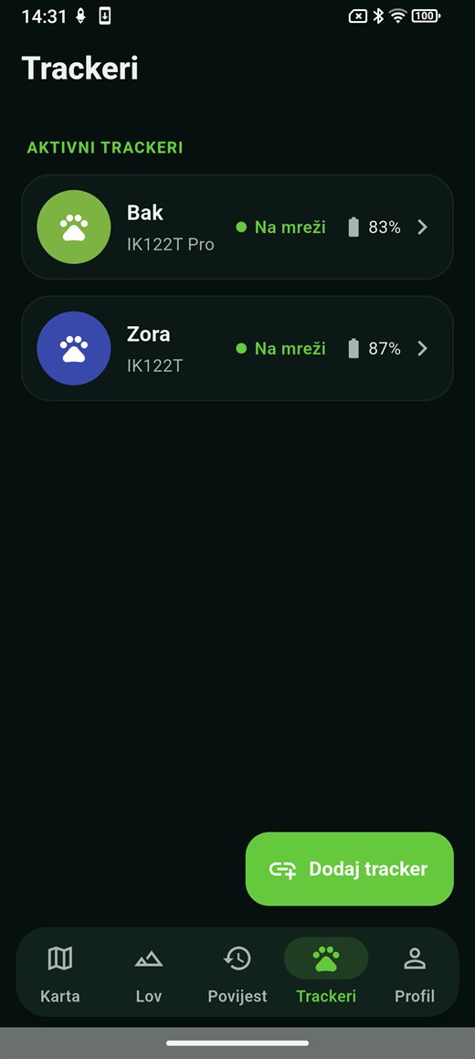 Lista trackera: svaki pas sa svojim modelom ogrlice, stanjem na mreži i baterijom.